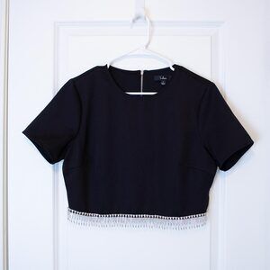 L Lulus Glam Black Crop Top Dress Blouse Silver Rhinestone Fringe Festival